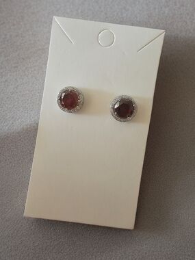 Deep Red Halo Stud Earrings in Silver Tone